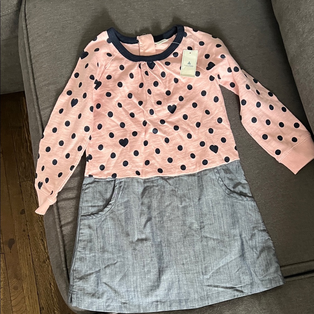 GAP Pink Navy Polka Dot Heart Long-Sleeve Girls Dress